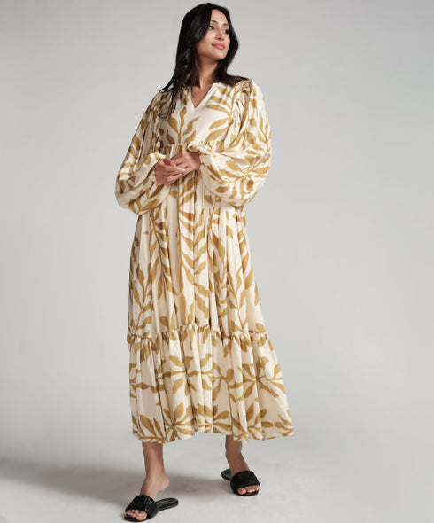 Vneck Elasticated Sleeve Loose Fitted Printed Dress-Yellow